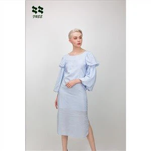 Blár bátahálsblöðru langerma kjóll